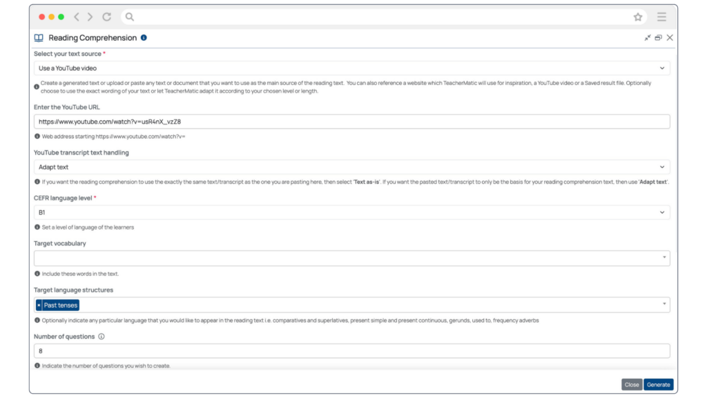 Reading comprehension generator showing inputs including YouTube video link, B1 CEFR level and past tense. 