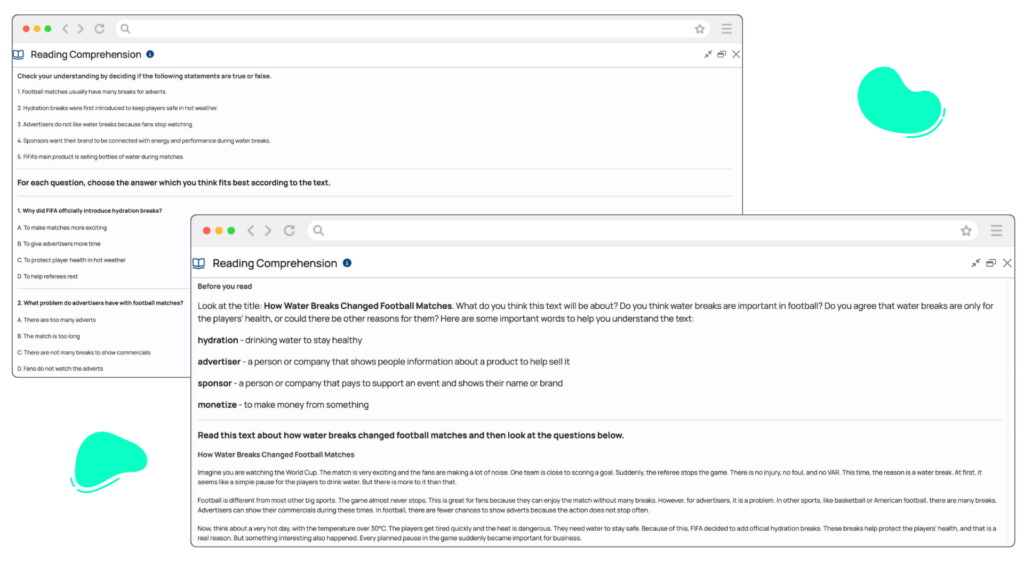 Reading Comprehension generator output. This includes an explanation paragraph, reading text and multiple-choice questions. 