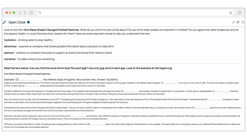 Open Cloze generator output. This includes key vocabulary students should use and the open cloze activity paragraph. 